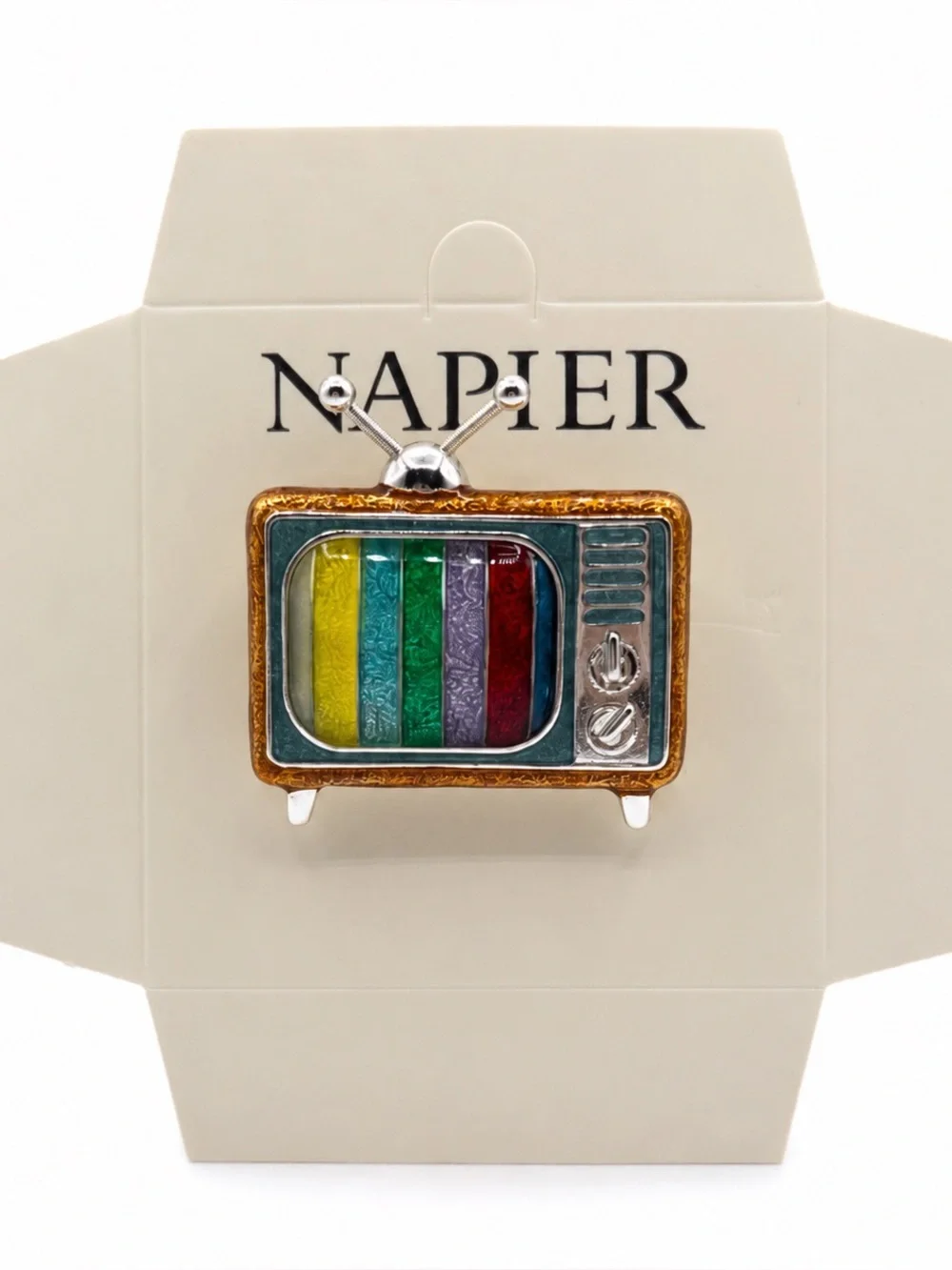 Vintage Napier Retro Television Brooch Pin Color Bar TV Enamel Silver Tone
